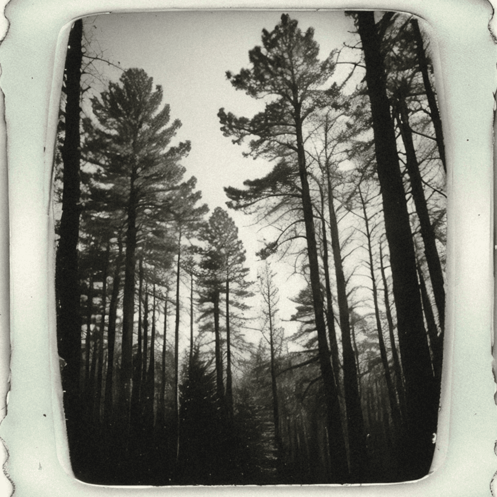AI generated: analog photo, (low angle view), pine forest, diffused natural light, overcast sky, faded colors, mut...