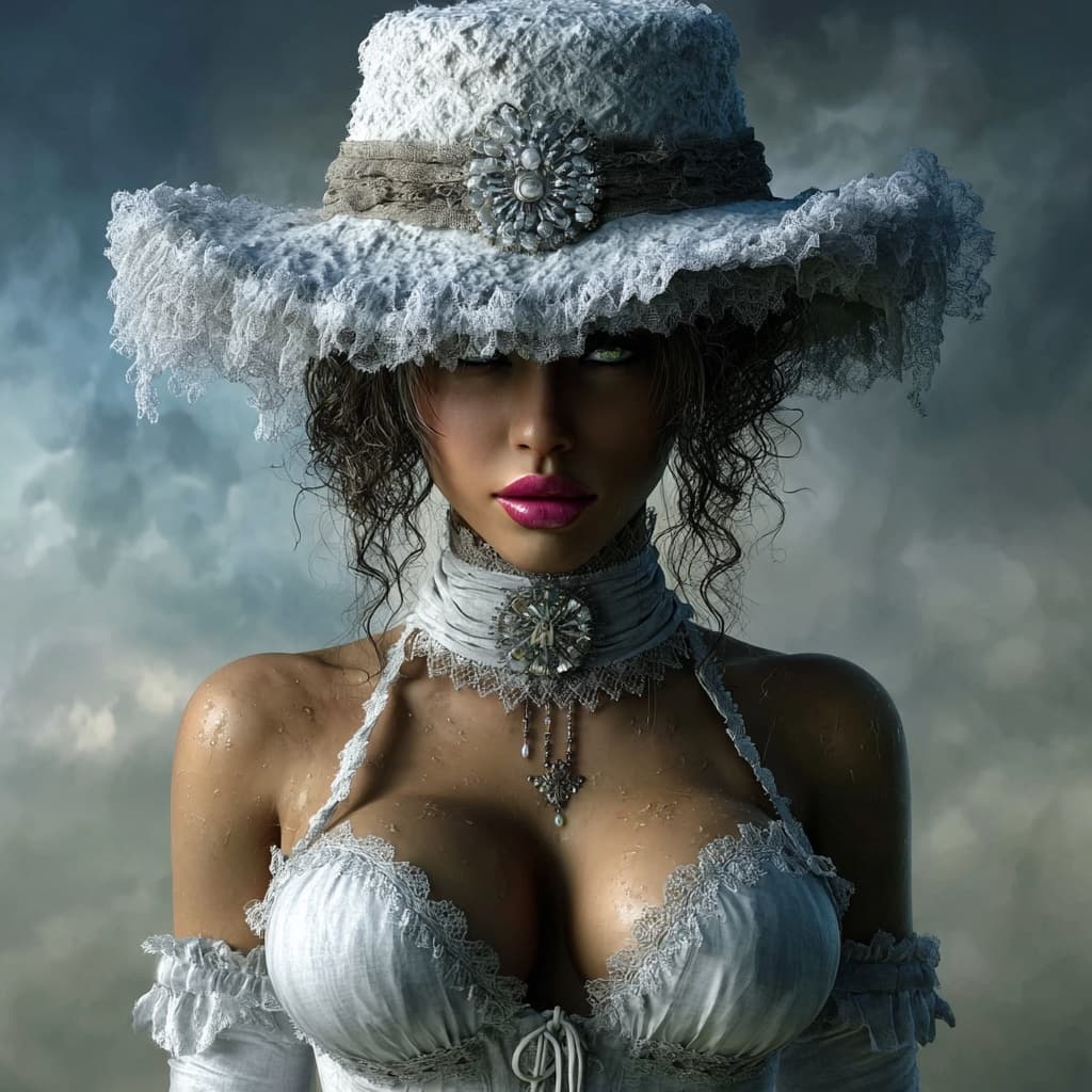 AI generated: Ultra detailed dynamic fashion illustration of a stunning woman in a dramatic turquoise and white go...