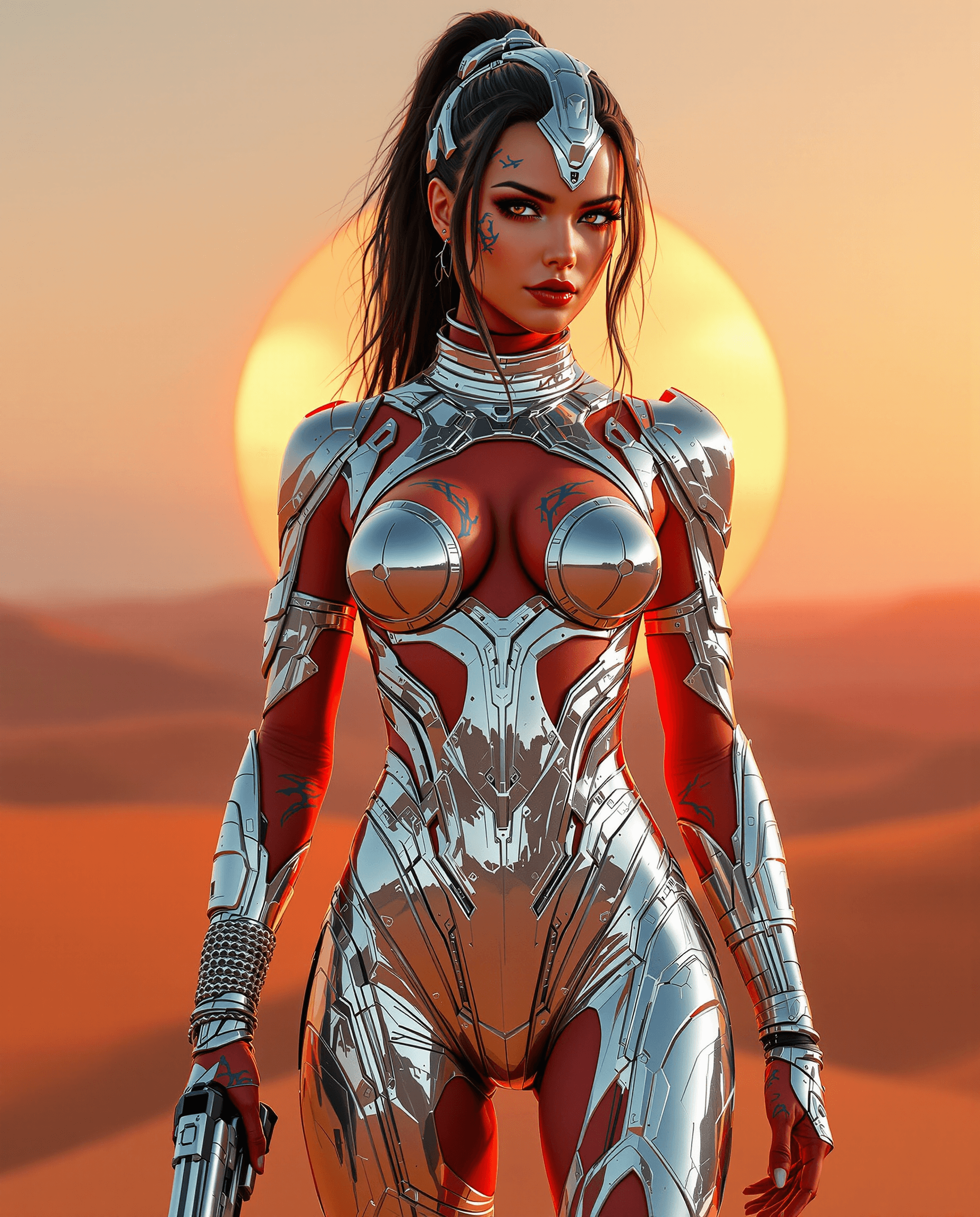AI generated: A stunning full body (8K) masterpiece of a futuristic depiction of a female warrior, wearing a sleek...