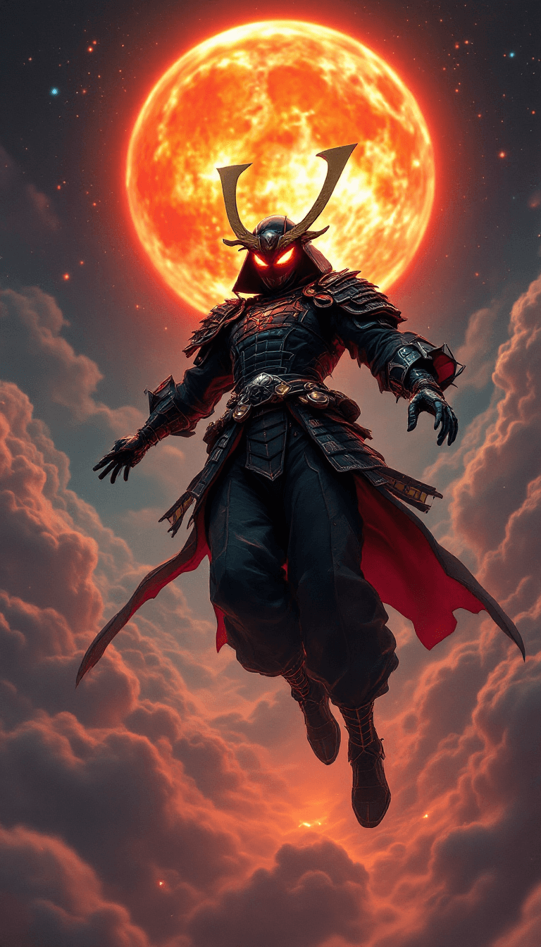 AI generated: An ailen in a samurai suit suit flying to a glowing planet in style of Tim Burton.