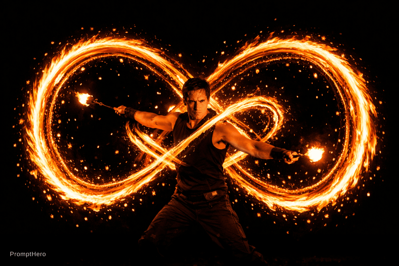 AI generated: A 10-second long-exposure photograph capturing a fire poi performer at the peak of their performance...