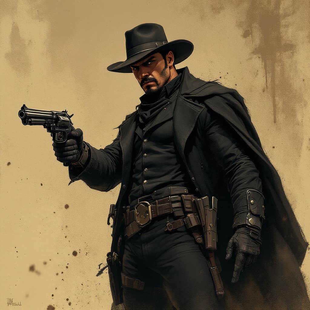 AI generated: He is The Gunslinger.  A super hero whose attire is straight from the 19th century gunslingers but l...