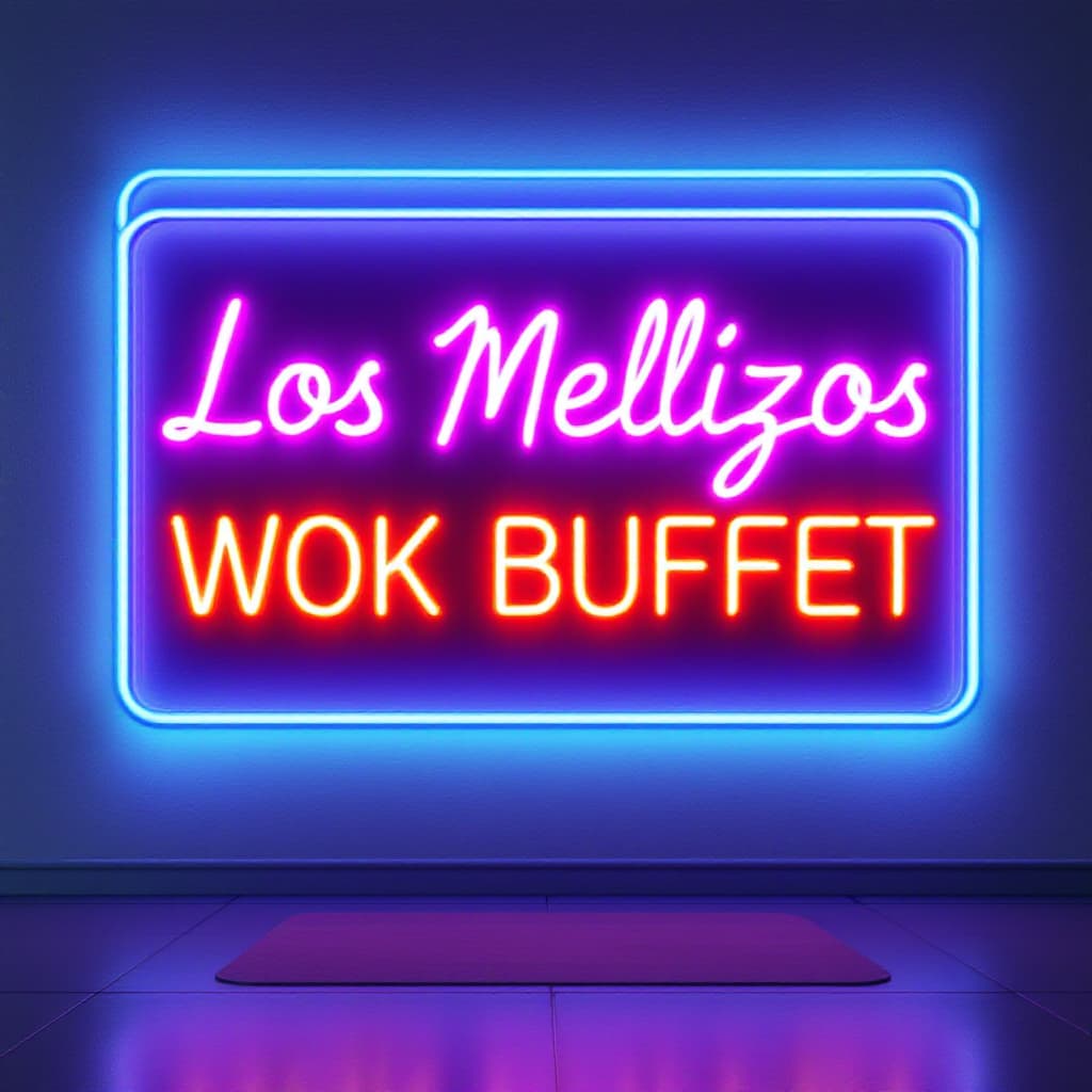 AI generated: 3D rendering of a neon sign with the text "Los Mellizos Wok Buffet." The sign is placed on a wall.co...