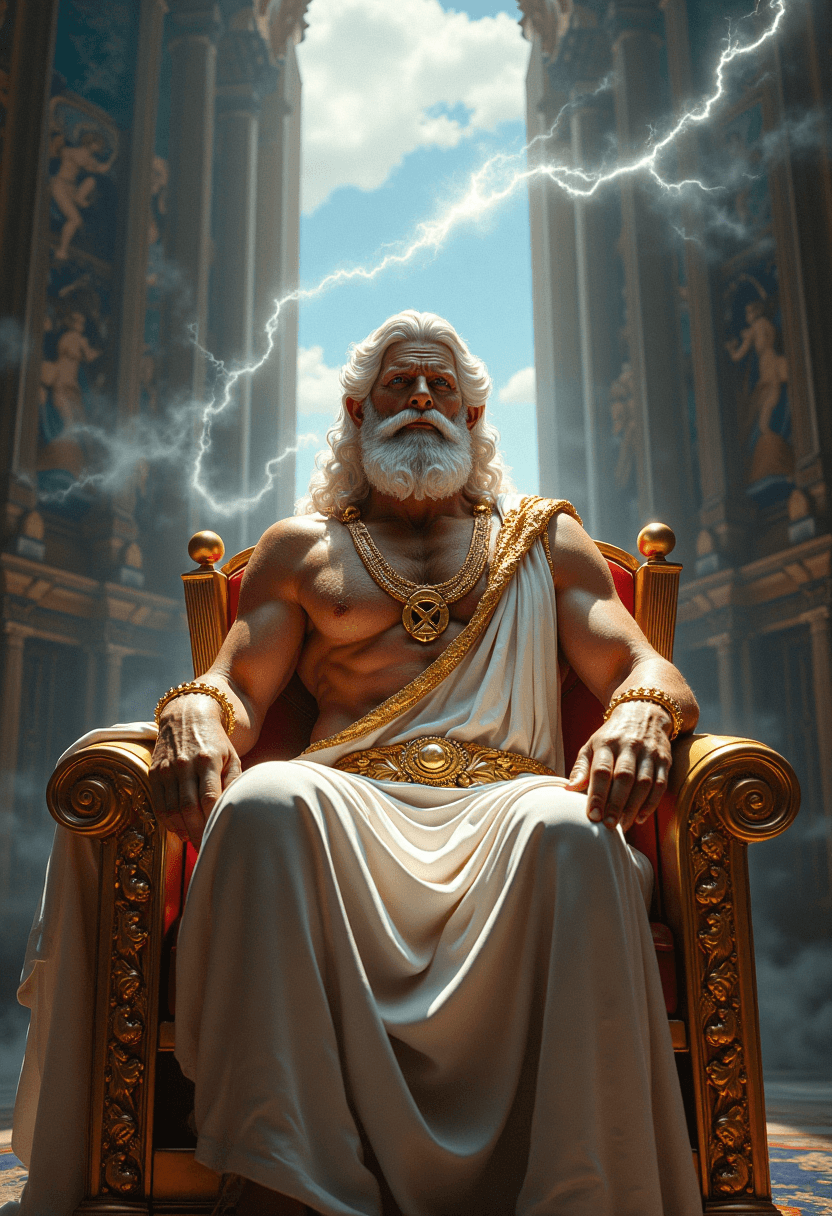 AI generated: Zeus, king of the gods, sits on his thrown of gold and crystal, surrounded by storm clouds and light...