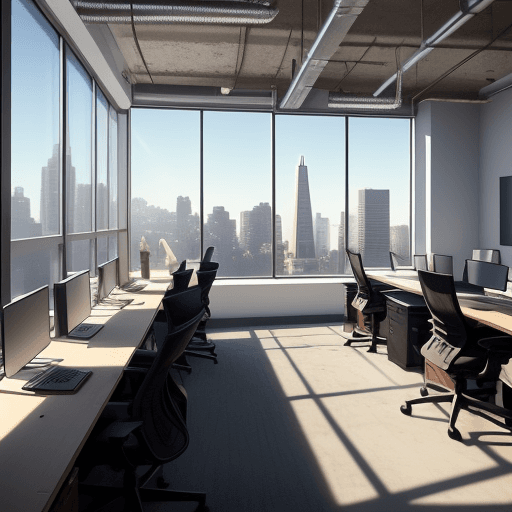 AI generated: ‪startup office tour San Francisco brick building white computer desks with office chairs sunlit roo...