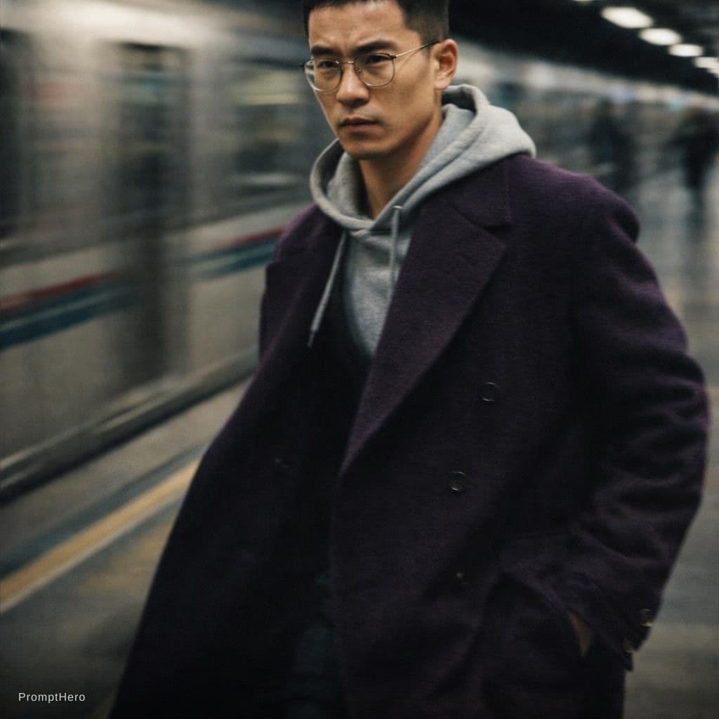 AI generated: fashion editorial photography, motion blur, male model, wearing an wool coat, deep purple color, wal...