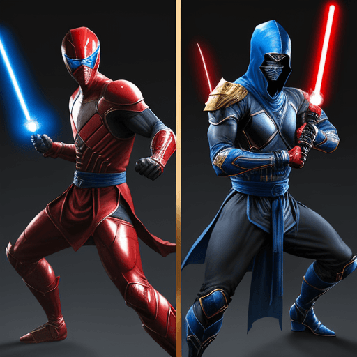 AI generated: a tall black and blue ninja that looks like sub-zero with a sword and red belt. versus a man in a RE...