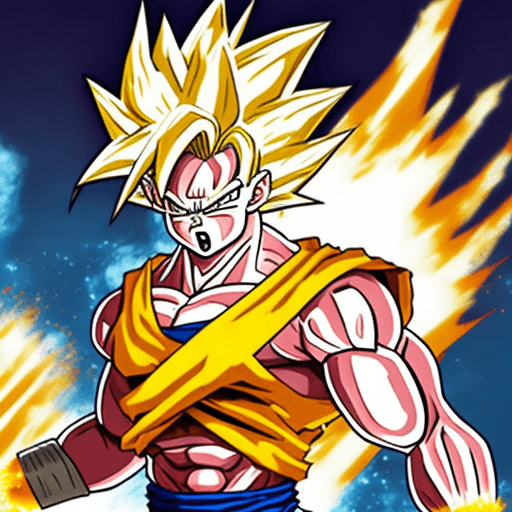 AI generated: Dbz: Goku like character, extra long yellow hair, fighting at war, extrame rage, berserk, screaming,...