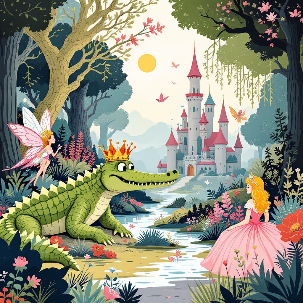 AI generated: Create a pop sketch with Bauhaus principles that focus on the a princess and a crocodile and a fairy...