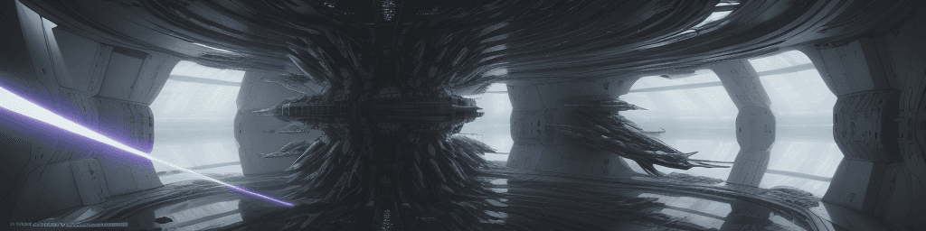AI generated: Inside spaceship, Tsutomu Nihei style, Sidonia no Kishi, gigantism, laser generator, multi-story spa...