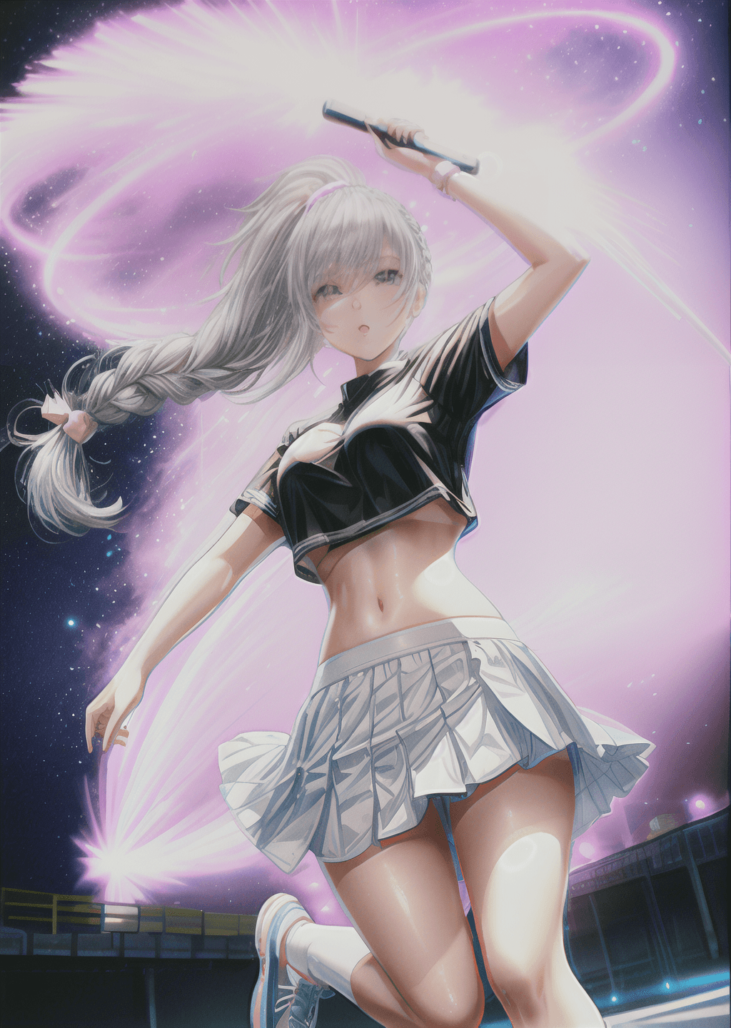 AI generated: blacklight, (beautiful young Korean woman, with white hair in a braided ponytail, wearing a white te...