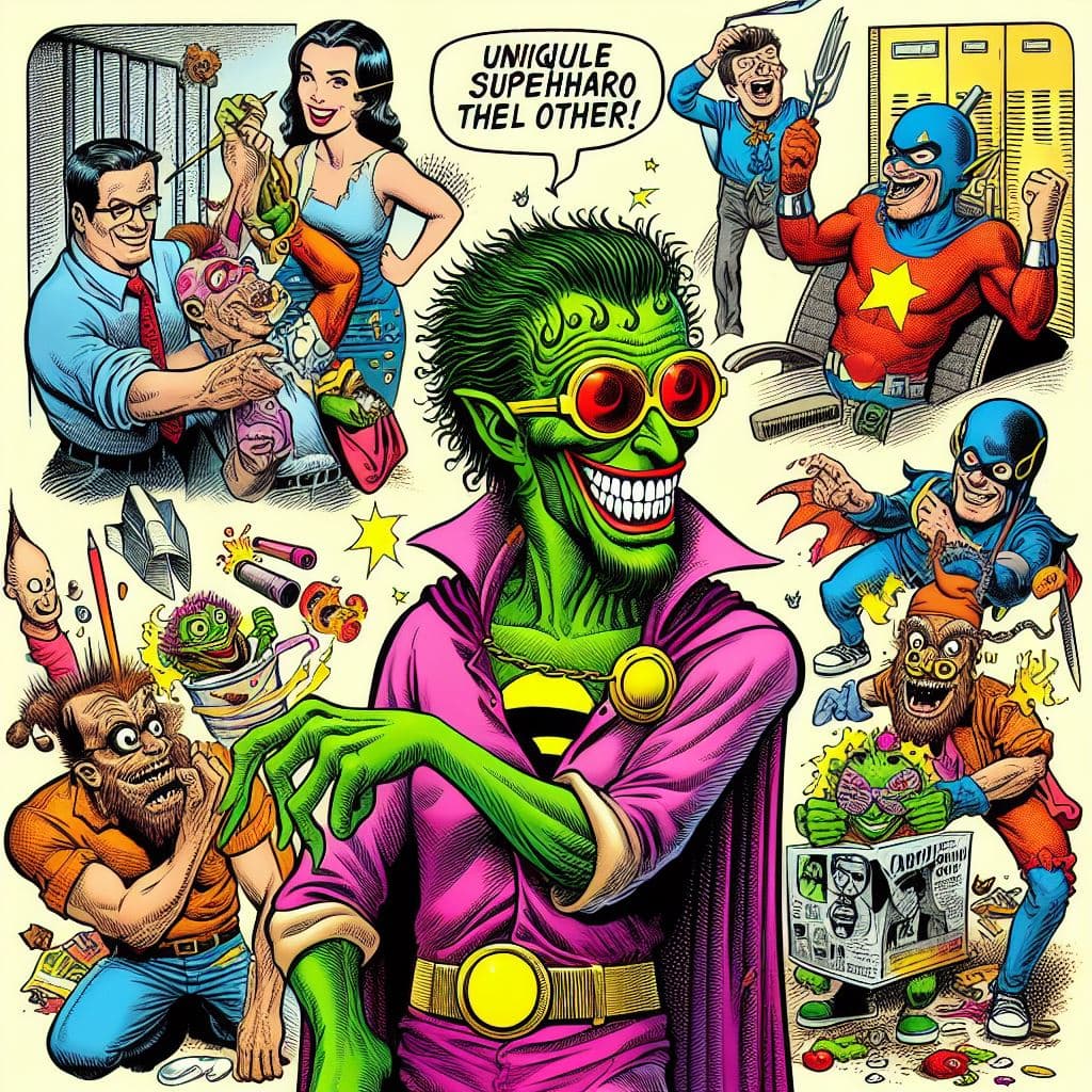 AI generated: style of Robert Crumb, a unique superhero totally unlike all the others
