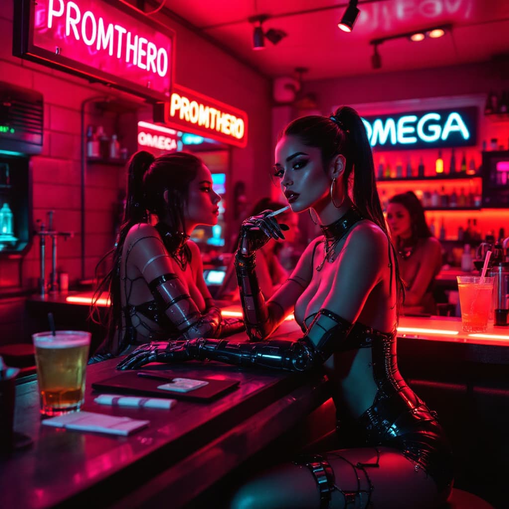 AI generated: Several beautiful women are sitting at the counter of a futuristic cyberpunk bar, wearing stylish cl...