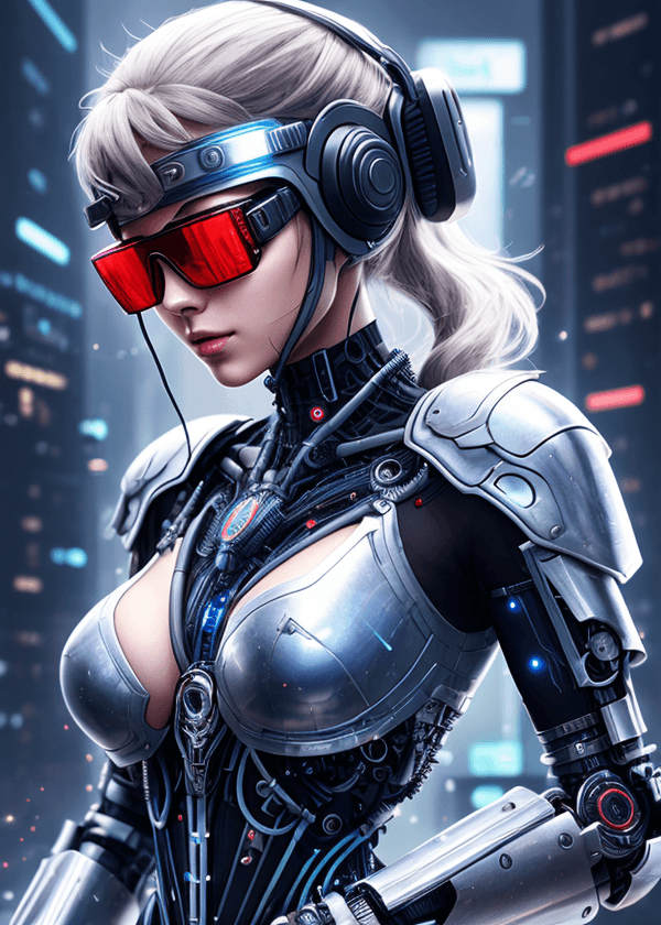 AI generated: an attractive cyberpunk cyborg in polished glistening armor panel fashion, anatomical cybernetic mus...