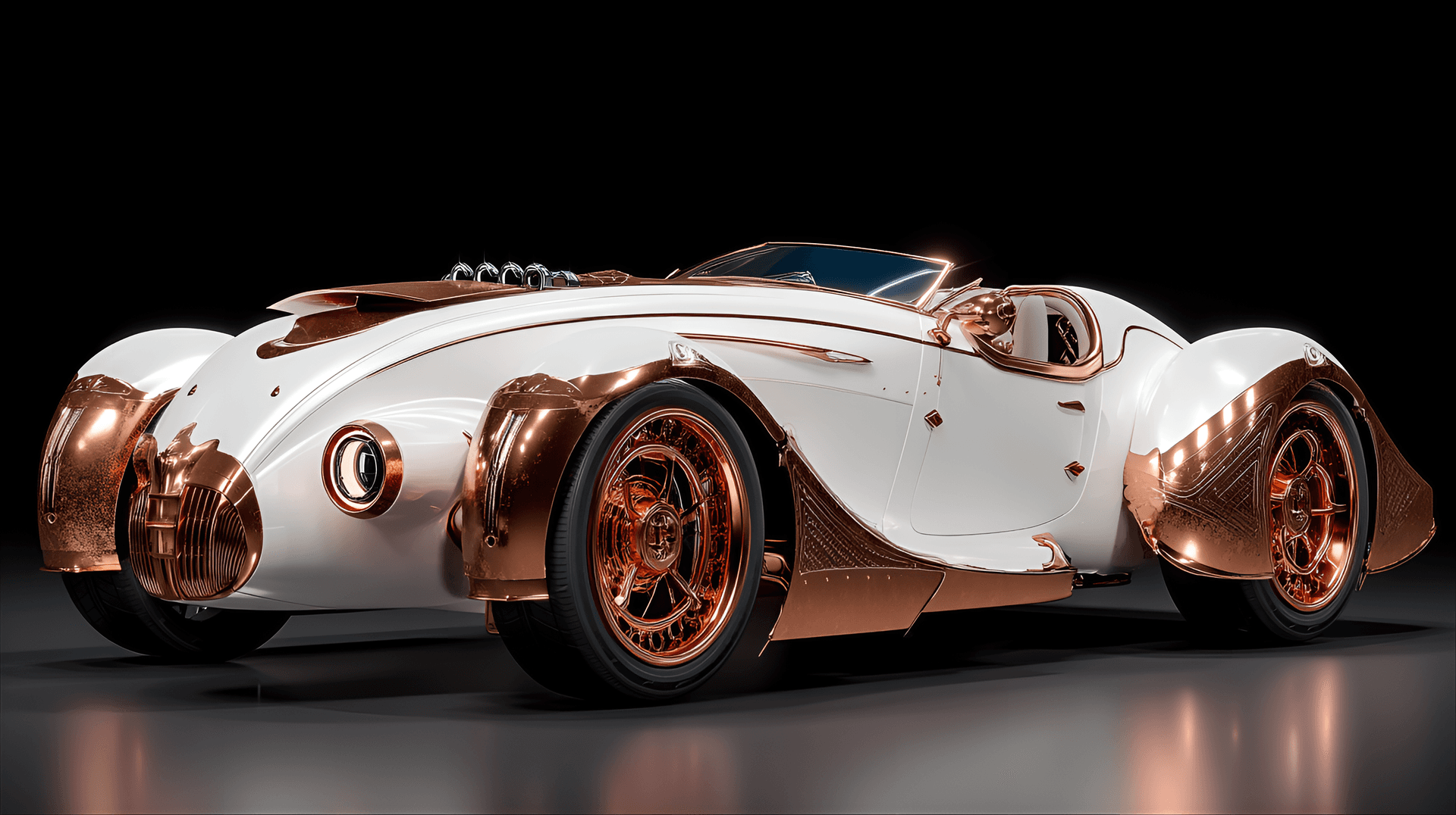 AI generated: Custom-designed, classic car, immaculate detail,  ornate copper and white,  low angle,  studio shot,...