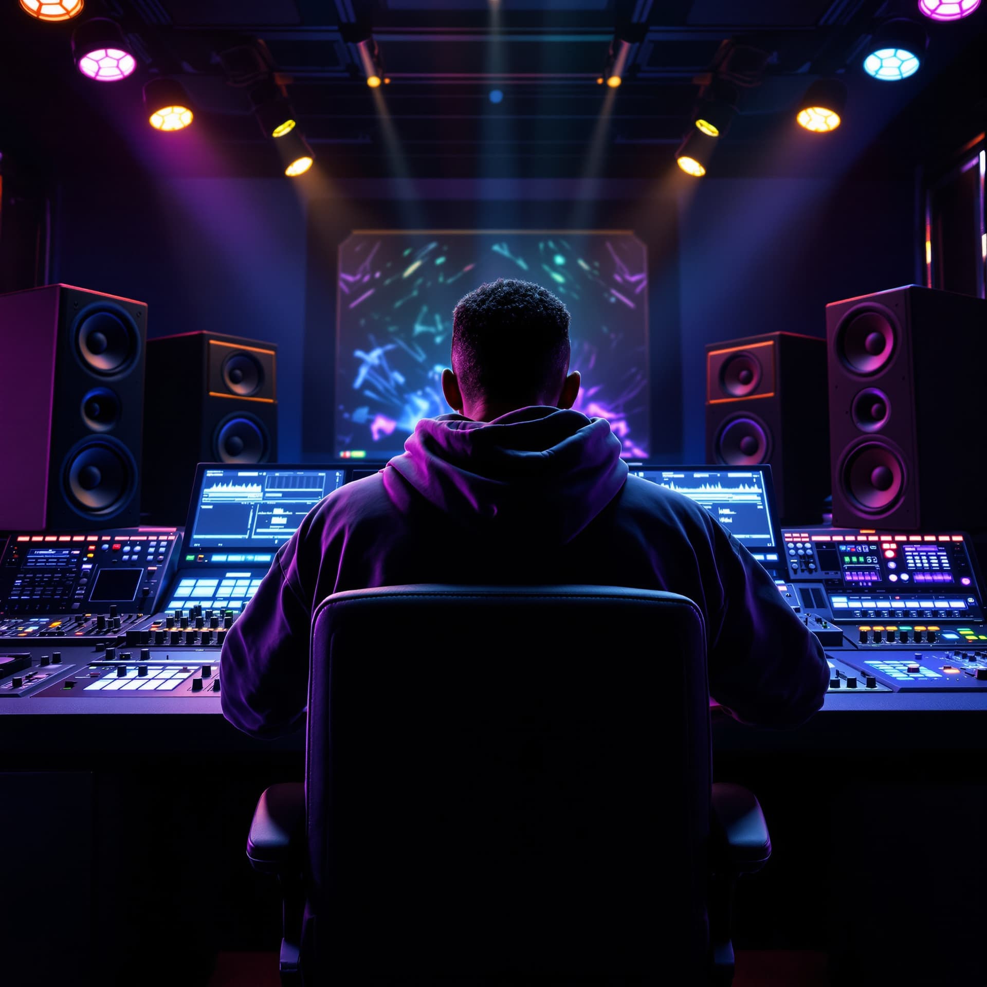 AI generated: back of a black man in hip hop urban gear as he is mixing music sitting at a huge production console...