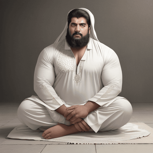 AI generated: High resolution portrait of a heavy built man wearing white shalwar qameez sitting on ground and rec...