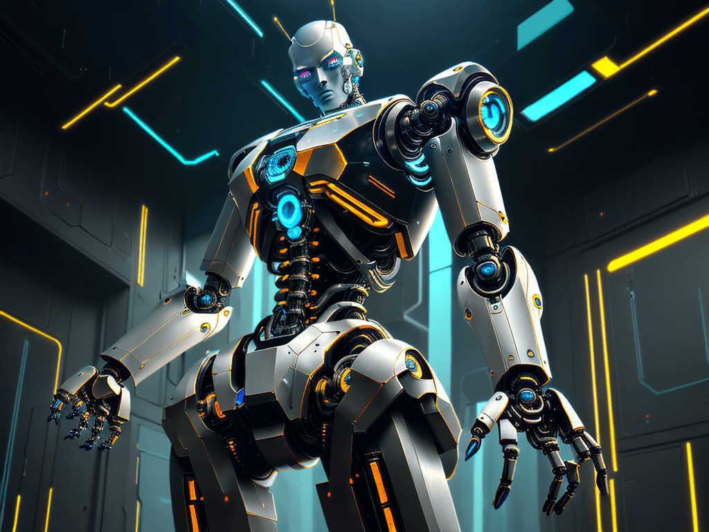 AI generated: whole body of cybernetic robot {Anime male mechanical android, in the style of colorful fantasy real...