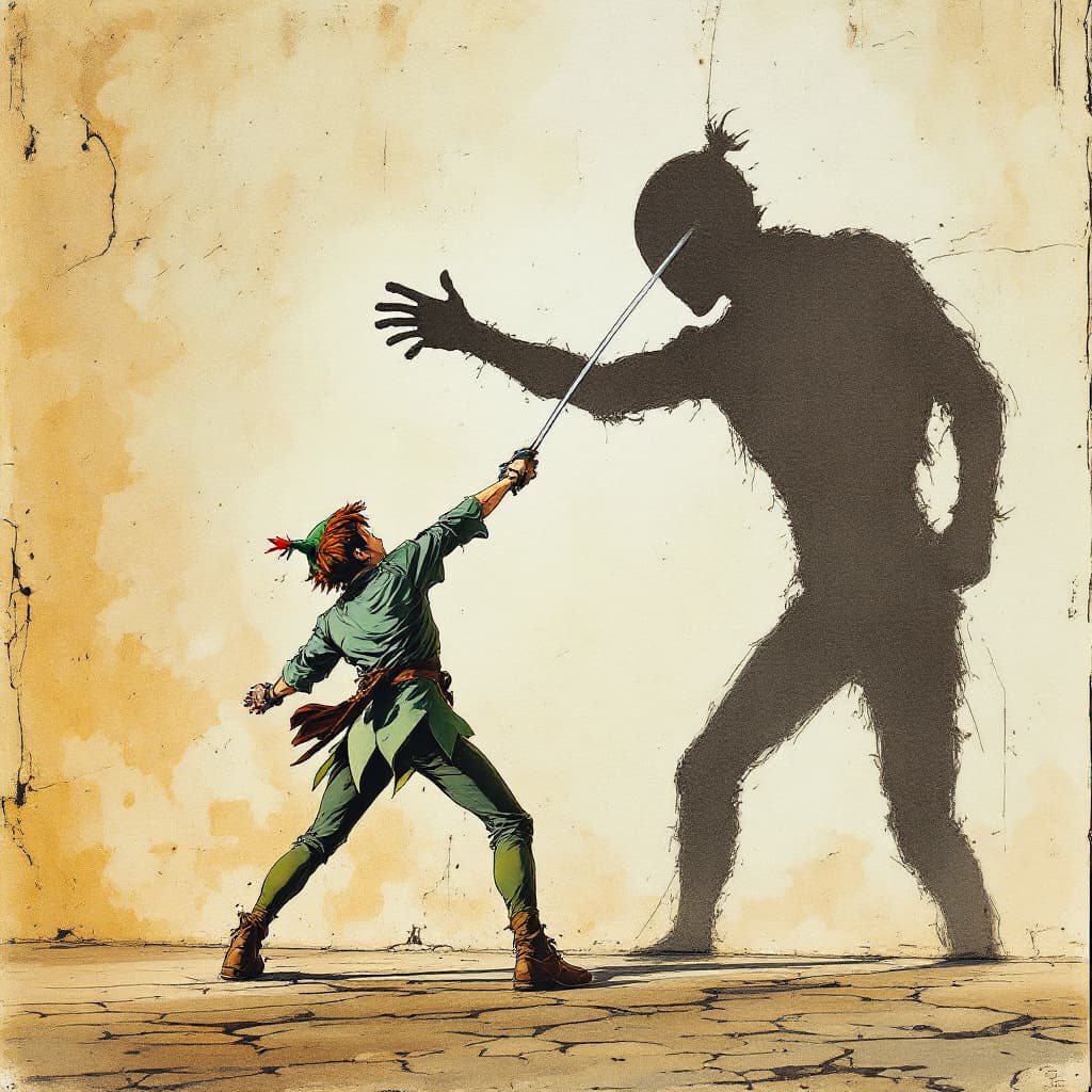 AI generated: Photorealistic  full body shot of peter pan fencing with his shadow against a wall, and  it is taunt...