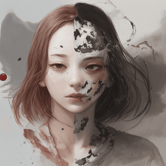 AI generated: a single Woman crying blood, artwork by Takato Yamamoto and Chika Yamada, minimalistic, face barely ...
