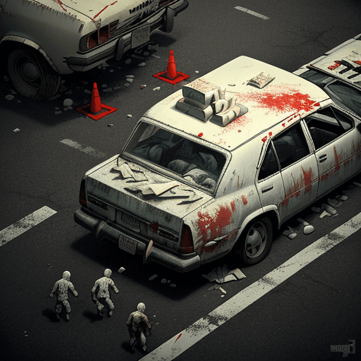 AI generated: "A survivor hides behind an abandoned white car, desperately shooting his patched up DIY shotgun at ...