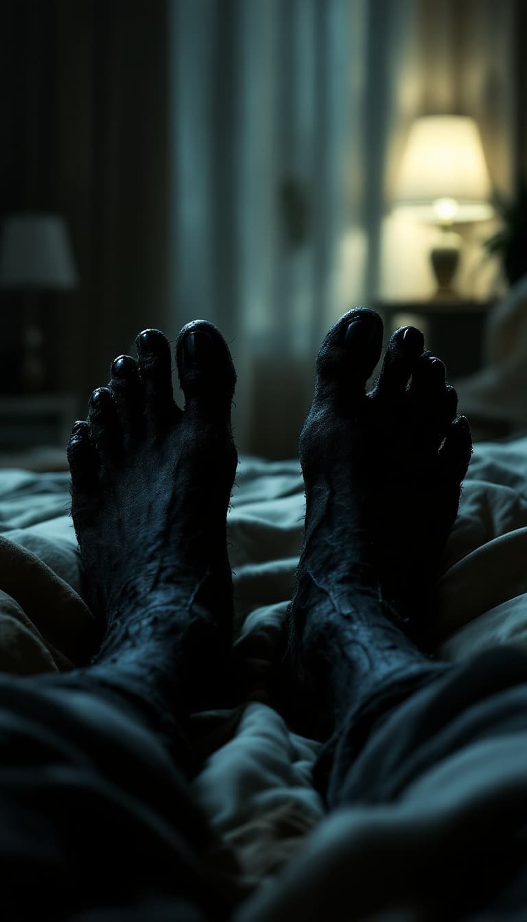 AI generated: POV first-person,POV, I am a jinn lying on my bed in my room. Only my feet are visible in the frame....