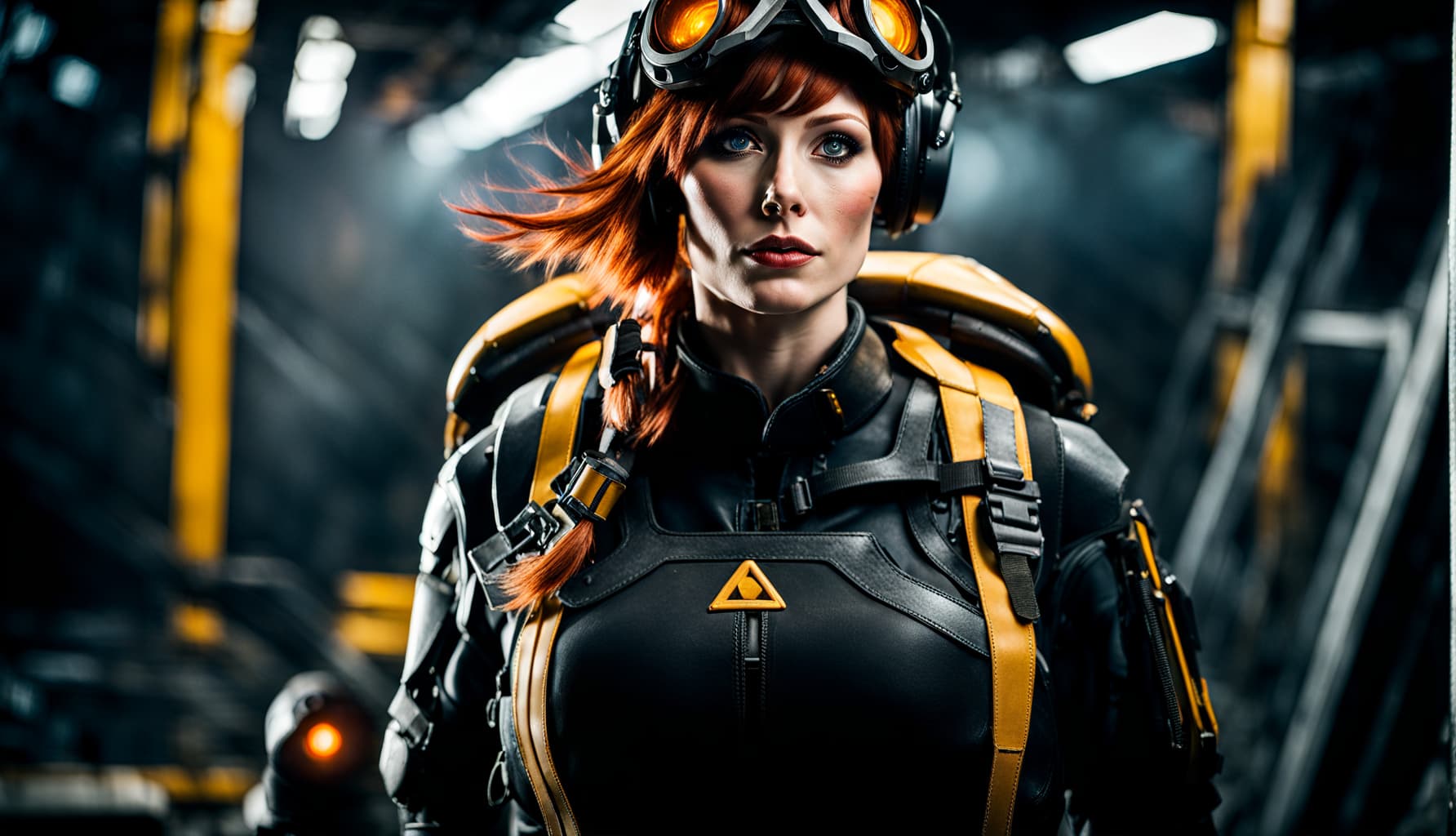 AI generated: 200mm portrait photo, close up,  half-body, a ginger girl cosplaying Gordon Freeman from Half-life g...