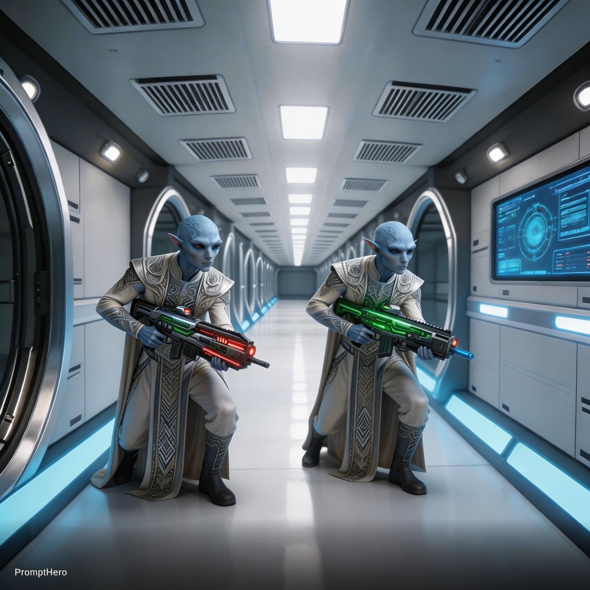 AI generated: Sci-Fi Scene. Show the characters in the image smaller than they are currently. Reduce size by 25%. ...