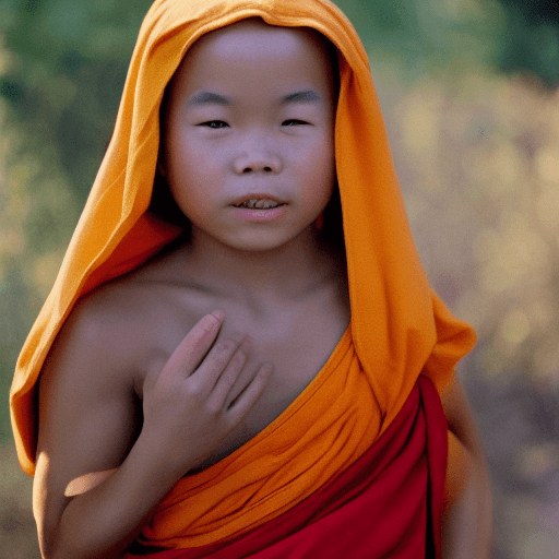 AI generated: Thai young monk Face like my profile, 35 years old, late afternoon, standing ( ( full body ) ), hand...