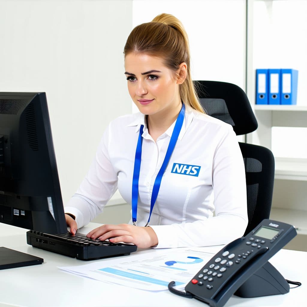 AI generated: An NHS office worker sitting at a desk, wearing a blue NHS lanyard, typing on a computer. Papers, a ...