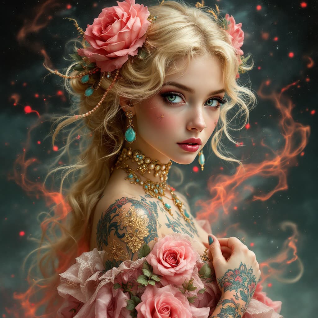 AI generated: a young hppy blonde girl in a cosmic dress, i can't believe it can be so marvelous and stunning, ful...