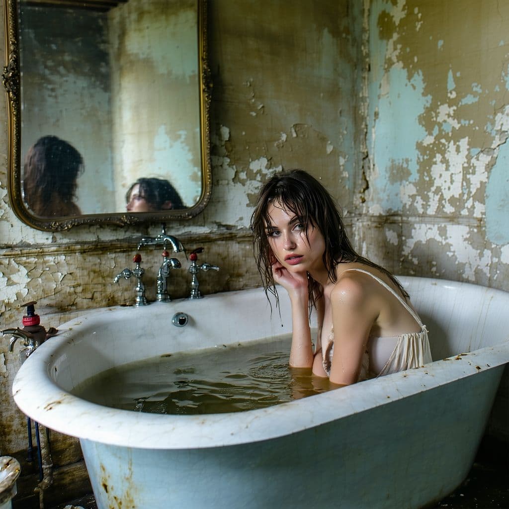 AI generated: En un baño antiguo y sucio de una casa abandonada, una hermosa jovencita en traje de baño, se encuen...