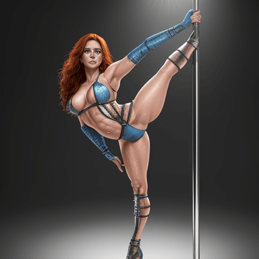 AI generated: A sweating pole dancer who is struggling.  Latina, blue eyes, flowing auburn hair, wearing a metal b...