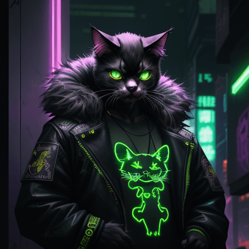 AI generated: In the shadowy confines of a cyberpunk cityscape, an angry cat gang leader, his fur and attire detai...