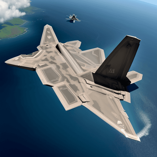 AI generated: F-22 Raptor flying over an island.