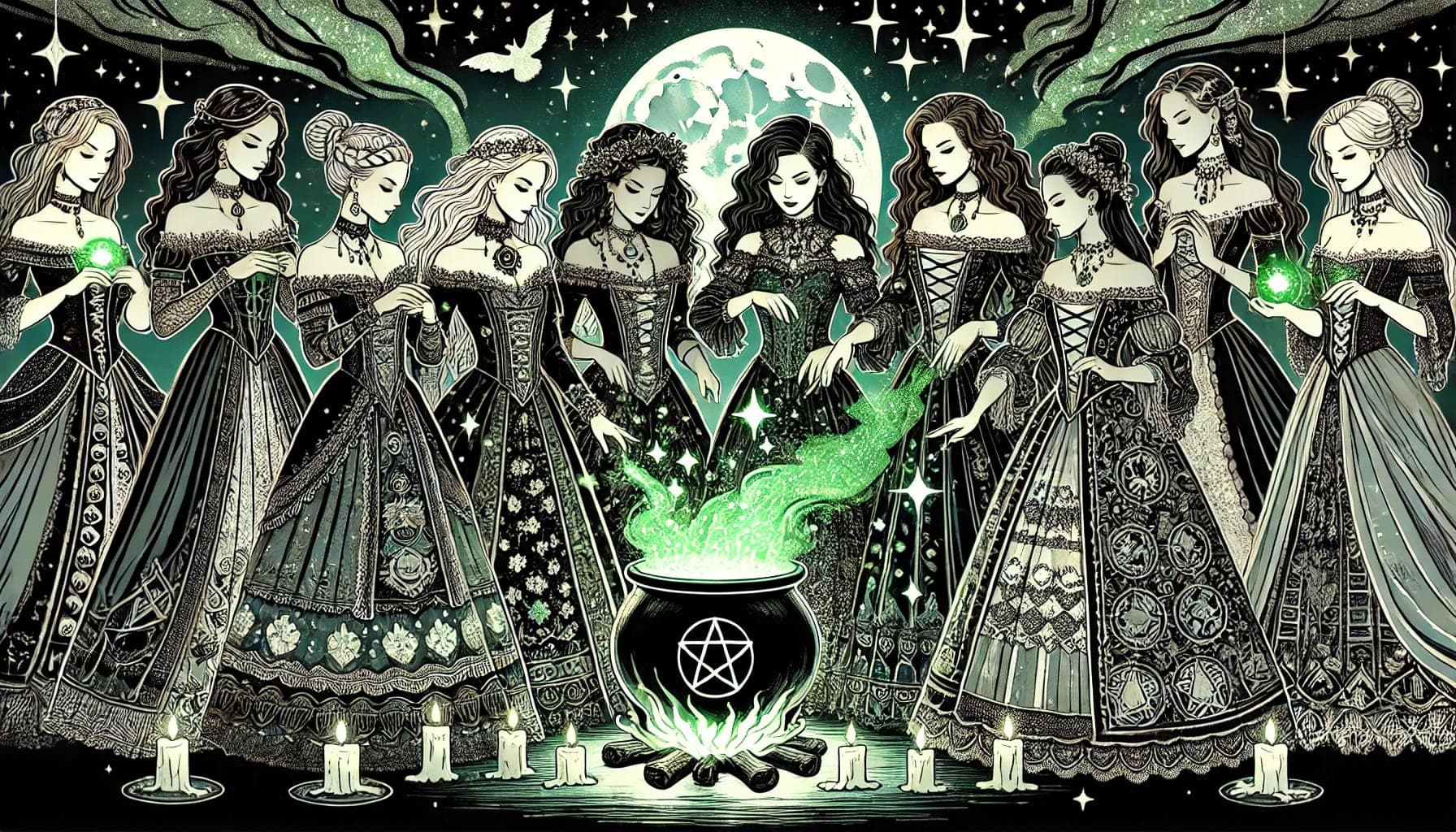 AI generated: Scene: A group of diverse witches in Victorian Gothic attire gathers around a cauldron under a starr...