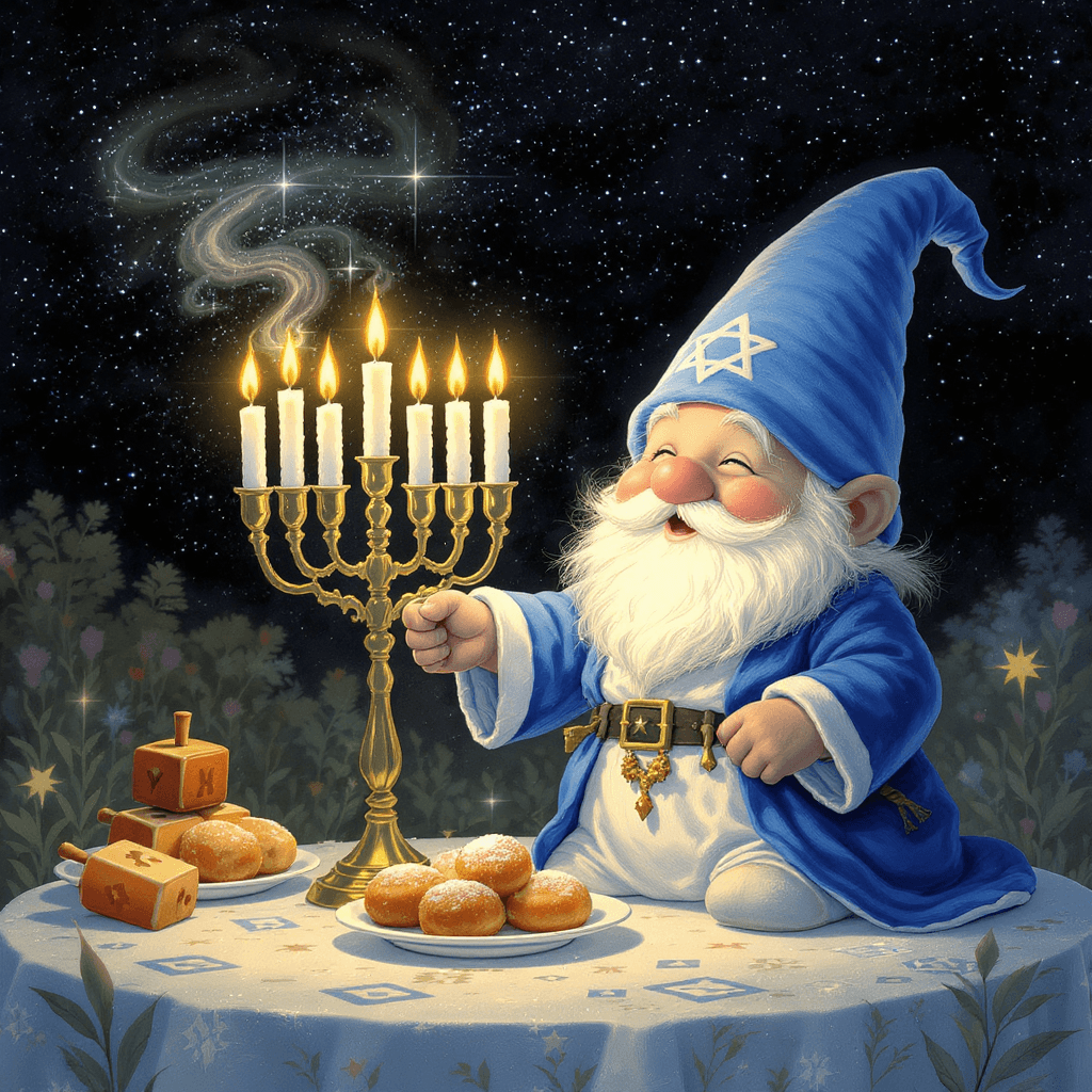 AI generated: A joyful garden gnome wearing a blue and white robe and a tiny yarmulke, holding a menorah with glow...