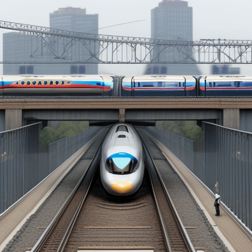 AI generated: a man drag the bullet train on bridge

