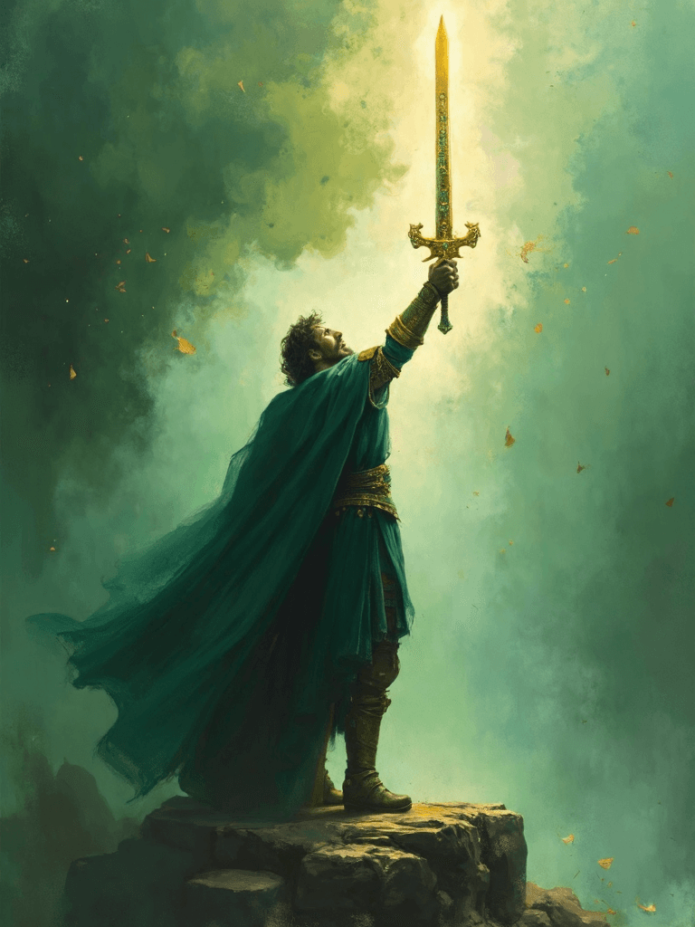 AI generated: An abstract, surreal painting of King Arthur, his arm outstretched toward the sky as he triumphantly...