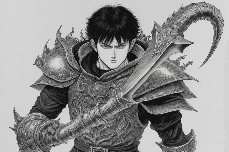 AI generated: monochrome, a man with big eyes, brown hair with tuft, in golden armor, manga, ((without helmet)), b...