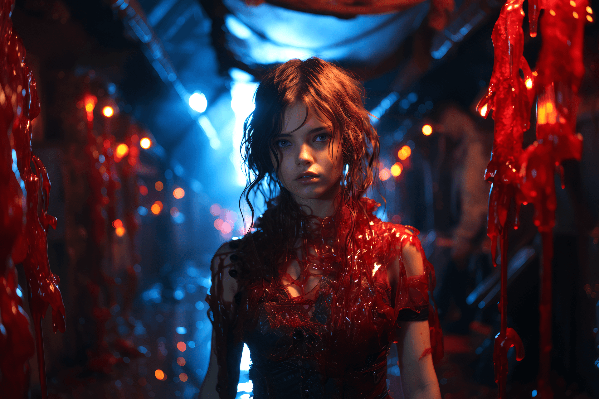 AI generated: a woman is standing in front of a glowing, blue light, in the style of splattered/dripped, red, movi...