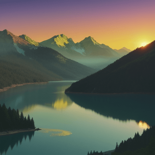 AI generated: Retro Sunset, Mountain Lake scene, green, gold, illustration, inspired by James Jean