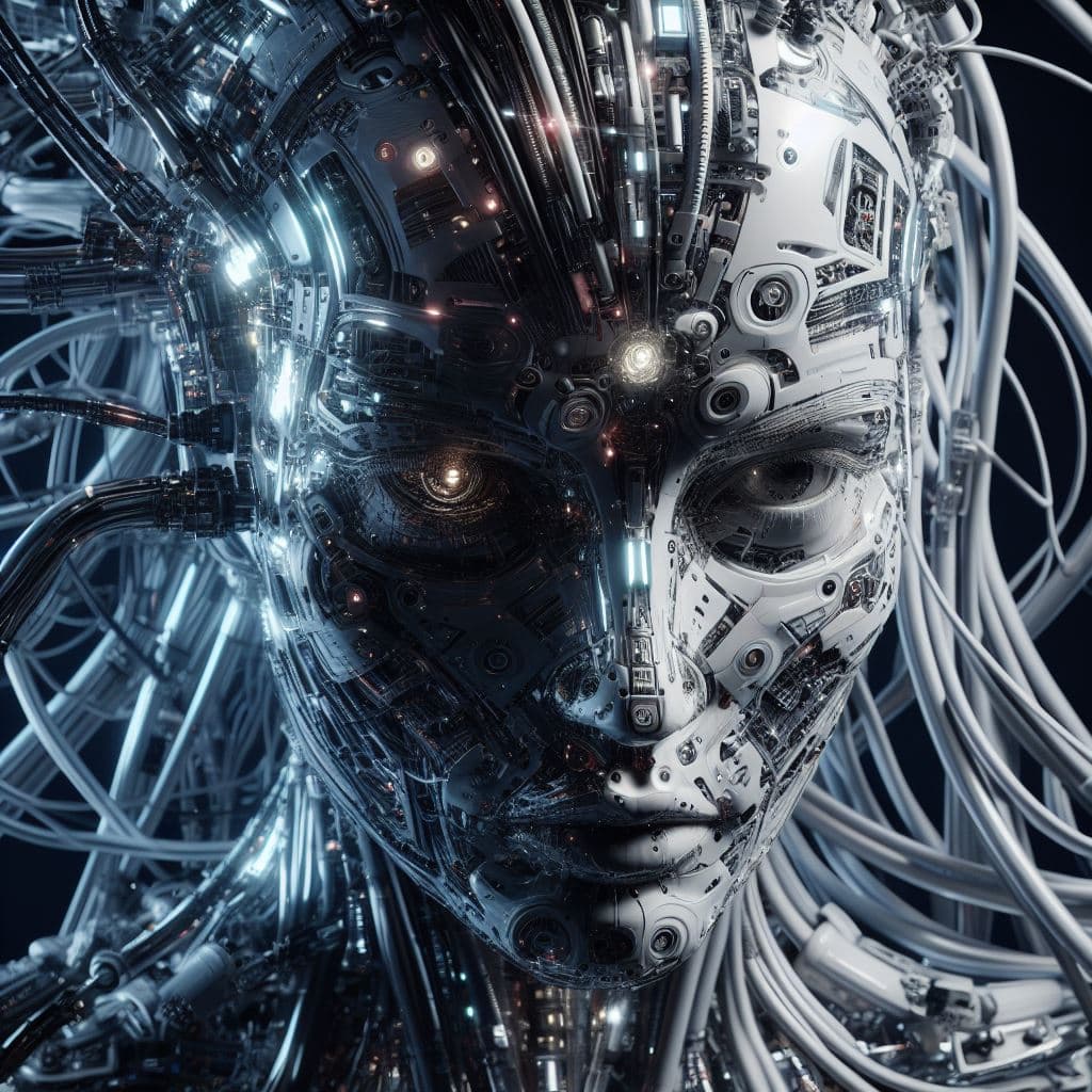 AI generated: a very detailed image of a female cyborg,half human,half machine,very detailed,with cables,wires,mec...
