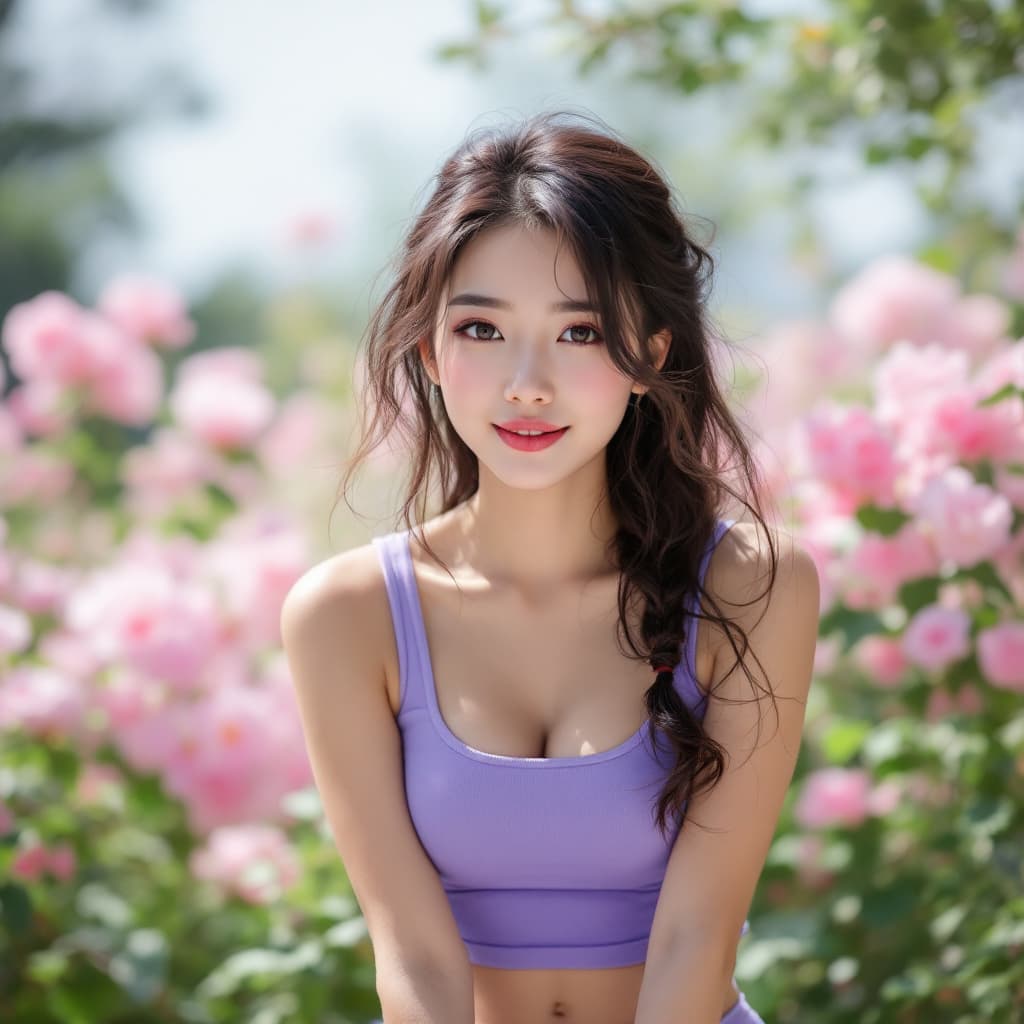 AI generated: a pastel, {prompt}, Leng Mei, behance, sumatraism, asian women, purple body, violet tight tanktop
