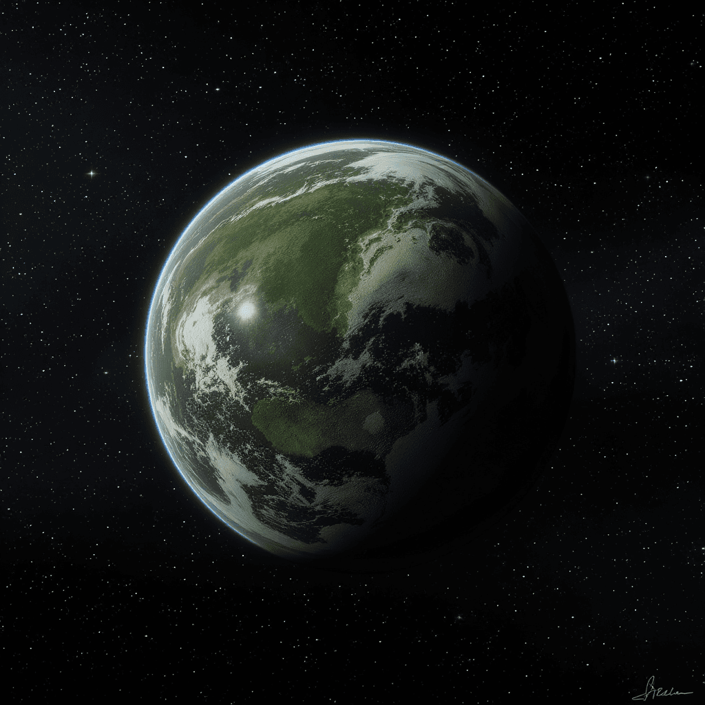 AI generated: a Forest Green Planet with large bodies of water but the waters black and it is floating in outer sp...