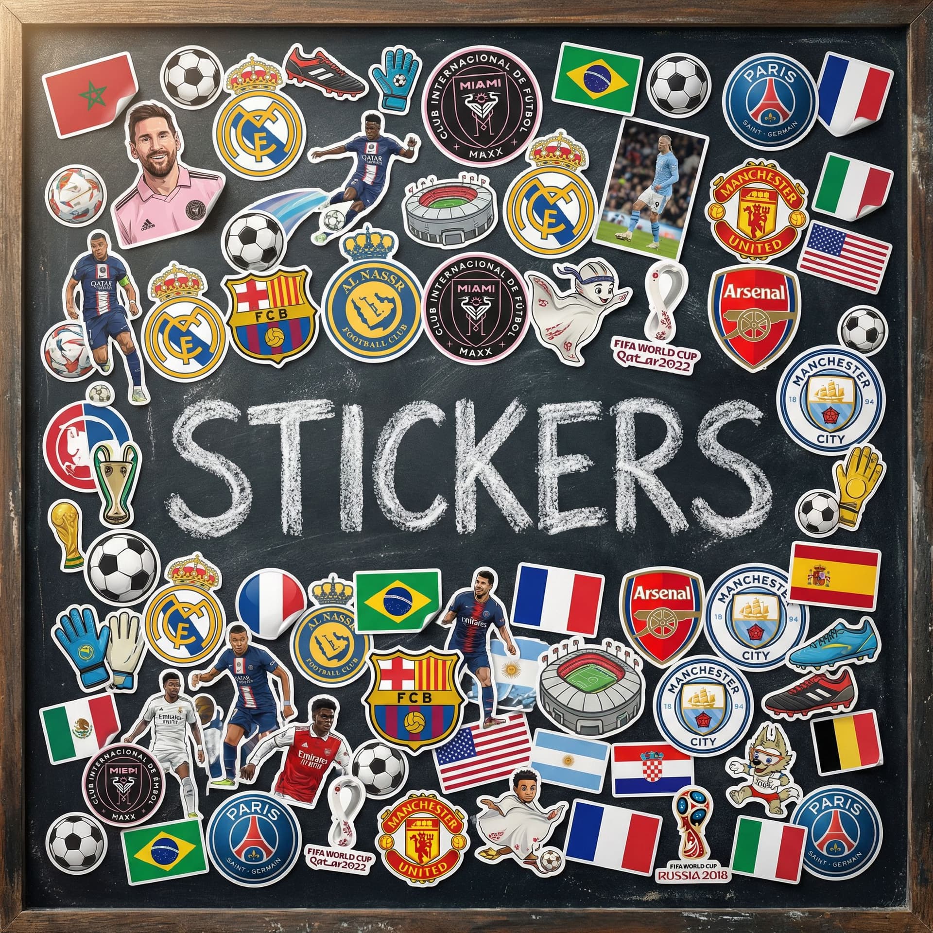 AI generated: Use the provided blackboard image as the base background.

Fill the board with many football-themed ...