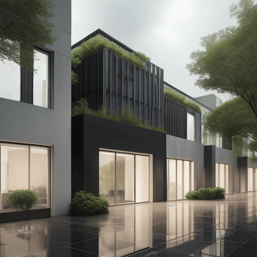 AI generated: external facade design 
empty space 
rainy sky 
full of trees 
the  terrace of the building should h...