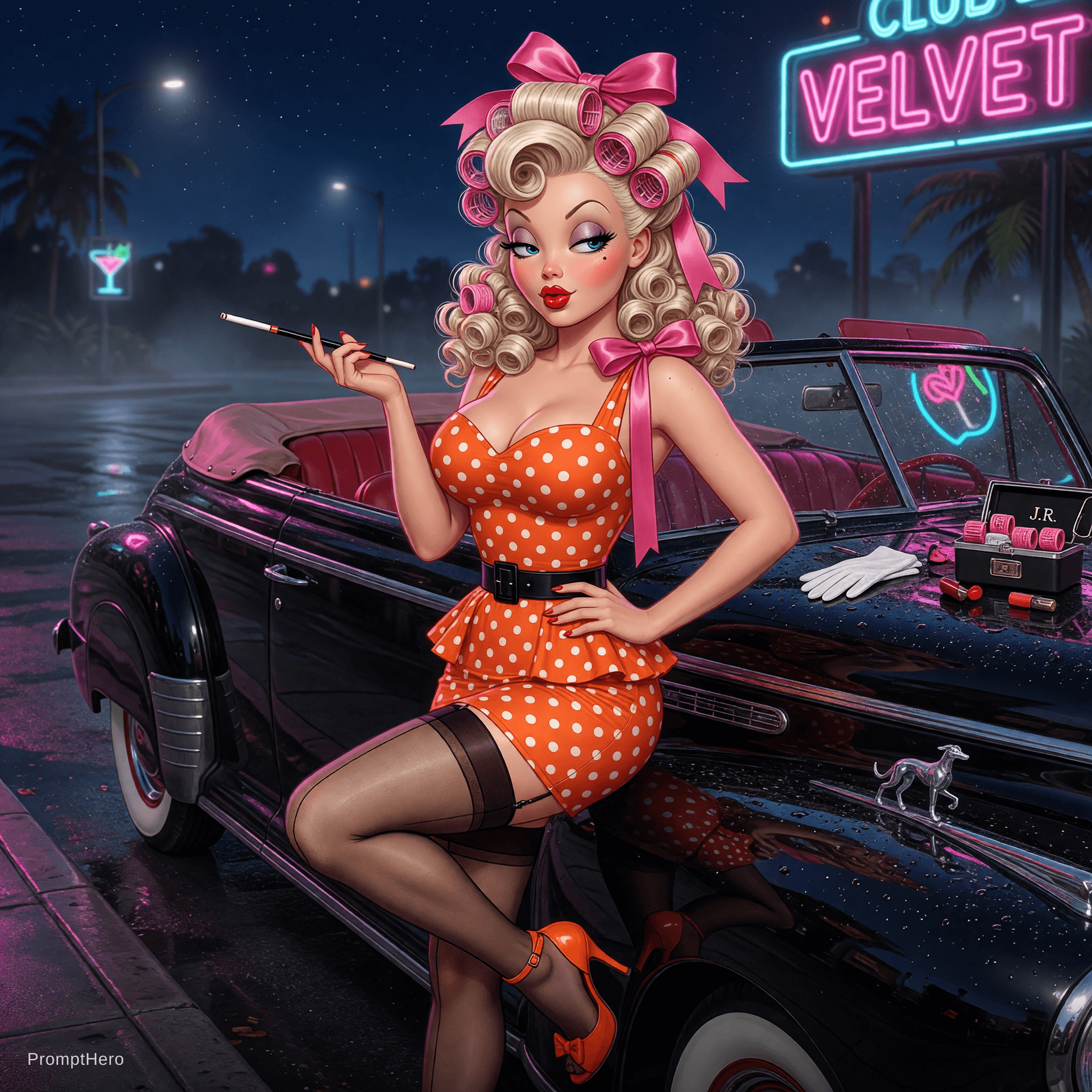 AI generated: jessica rabbit, bimbo, blonde hair, curly, hourglass figure, with a smirk, red lipstick, big juicy l...
