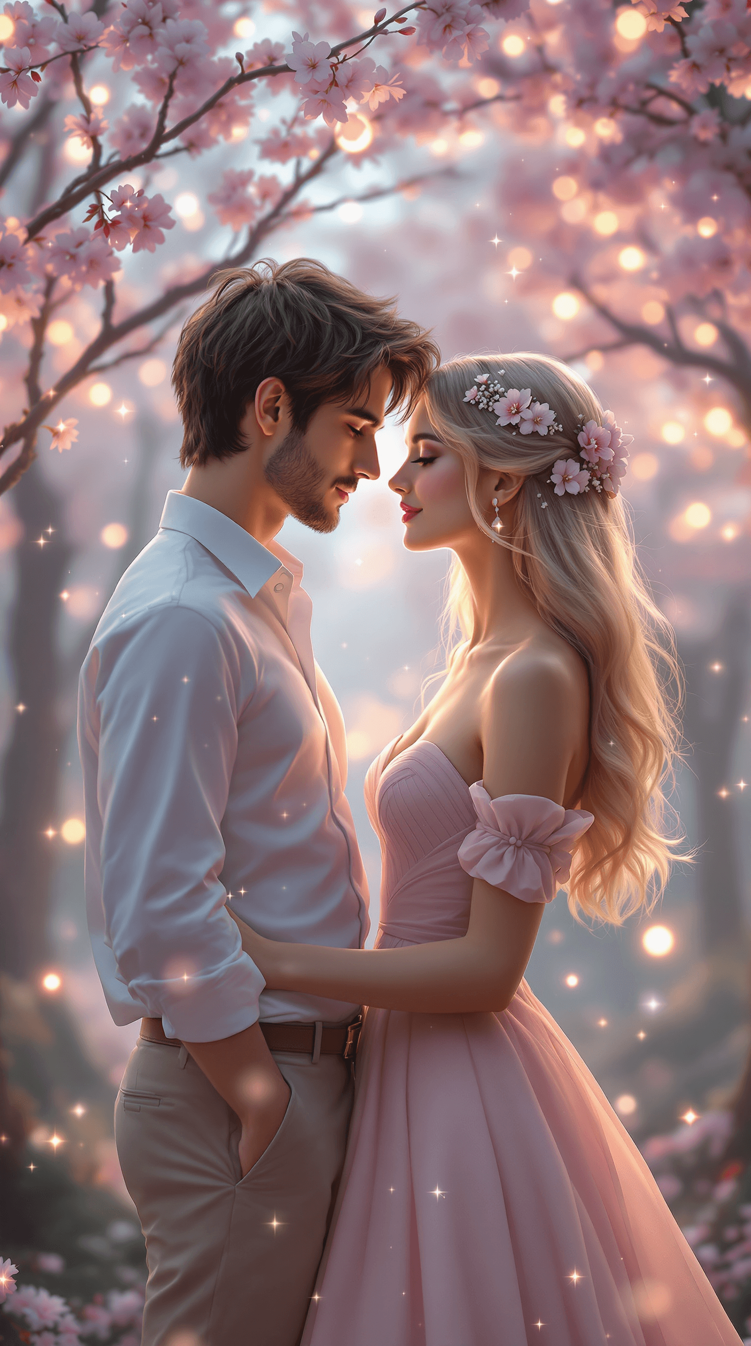 AI generated: A breathtaking romantic scene of a young couple standing close together in a magical, ethereal cherr...