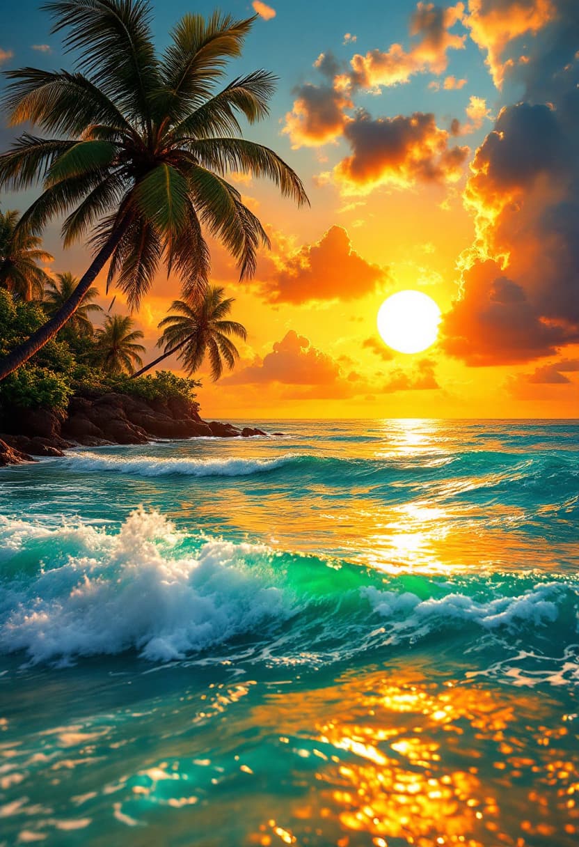 AI generated: A stunning tropical beach at sunset, with the sun seemingly large floating in the ocean, emitting a ...